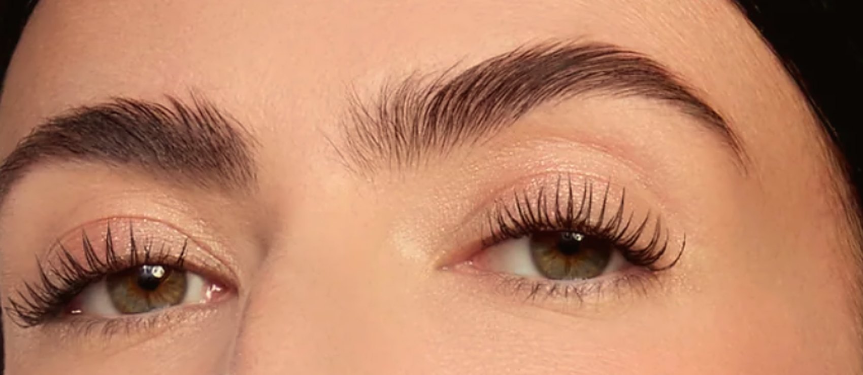 Close-up of defined, feathered brows and softly lifted lashes in warm natural light
