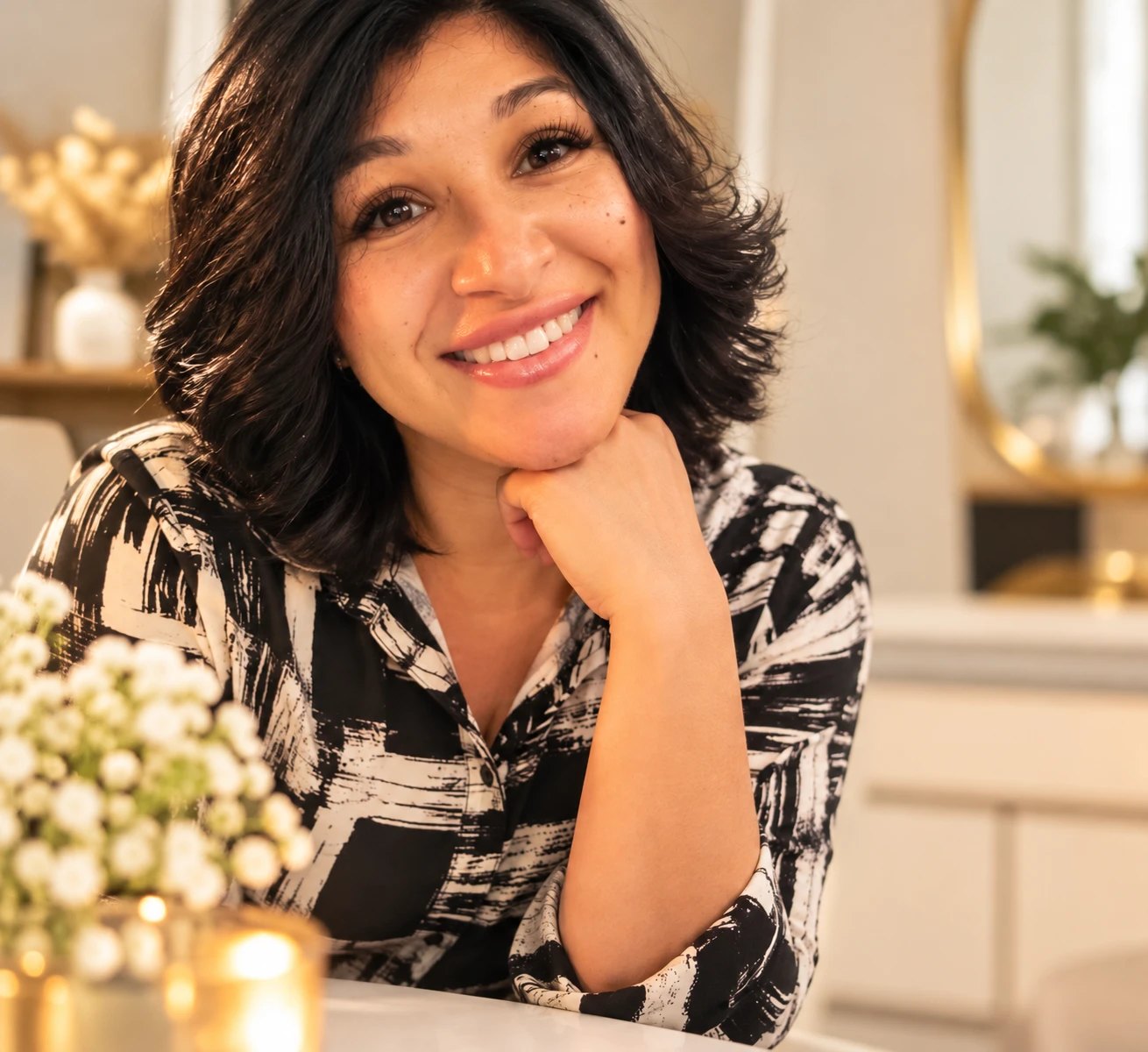 Nabeelah, founder of NABS BEAUTY, smiling at a table with flowers and candlelight