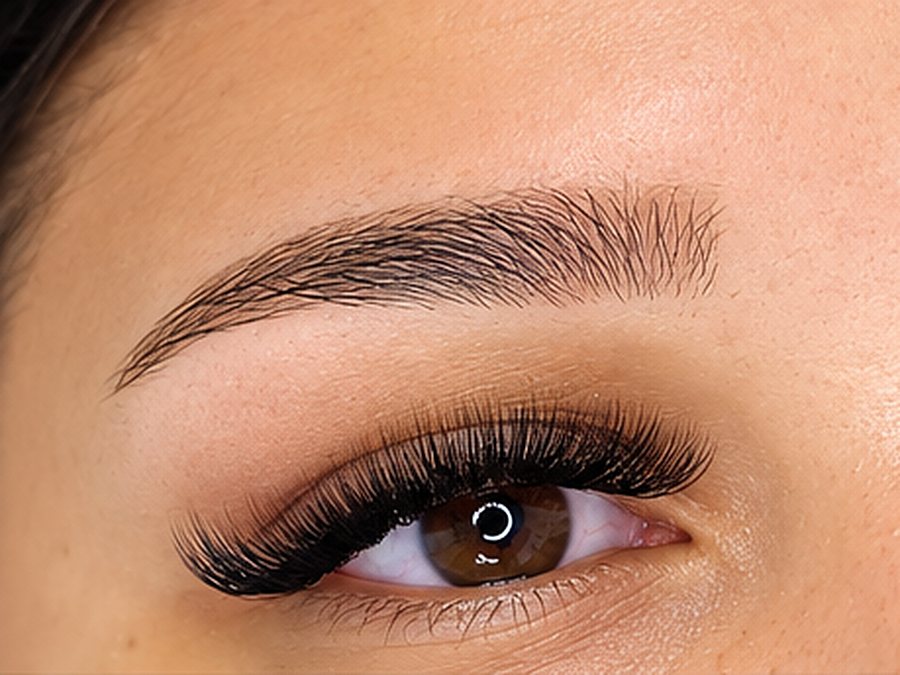 Fluffy lash set with a shaped brow, eyes open